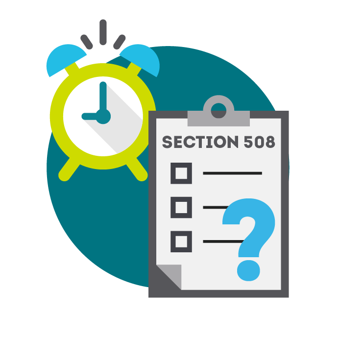 Graphic of an alarm clock next to section 508 Clipboard Image from WWW.SITEIMPROVE.COM