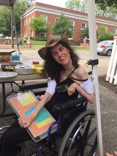Rosemary Musachio with the technology that helps her communicate.