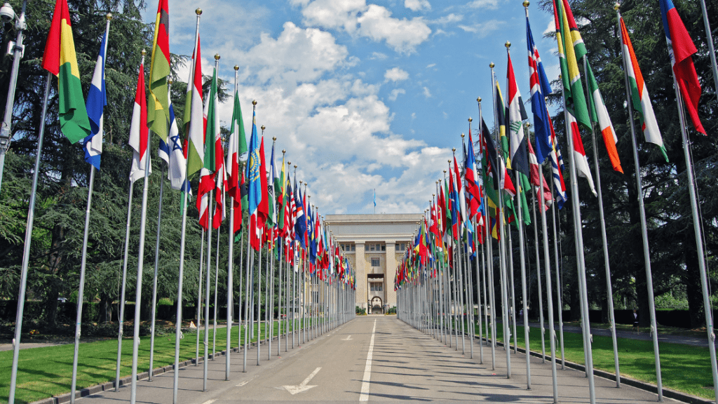 UN Building with all the flags.